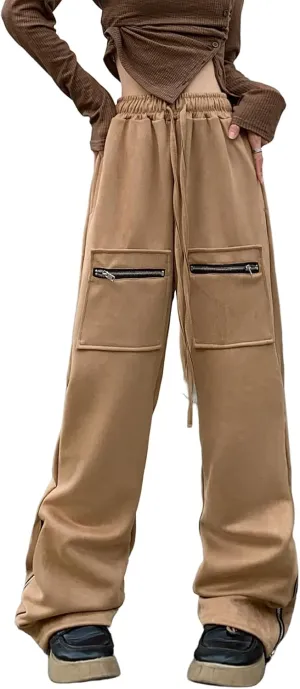 Suede Harajuku Pants for Women High Waist Sweatpants Streetwear Joggers Hip Hop Dance Flare Pant with Pockets