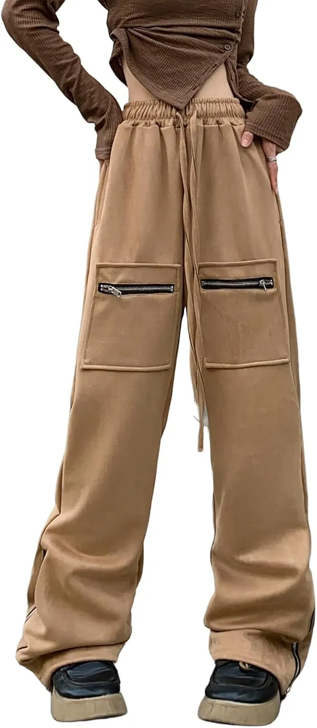 Suede Harajuku Pants for Women High Waist Sweatpants Streetwear Joggers Hip Hop Dance Flare Pant with Pockets