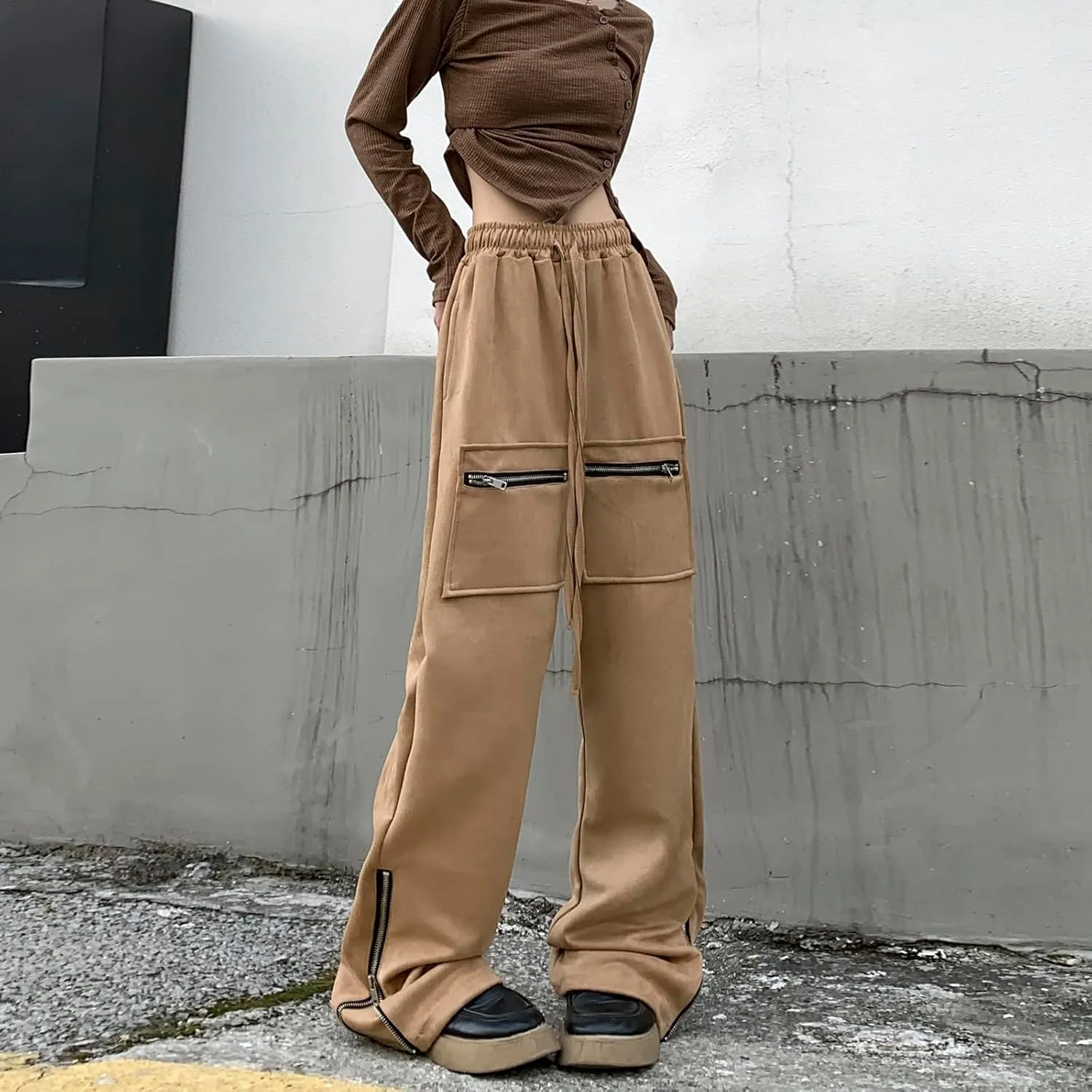 Suede Harajuku Pants for Women High Waist Sweatpants Streetwear Joggers Hip Hop Dance Flare Pant with Pockets