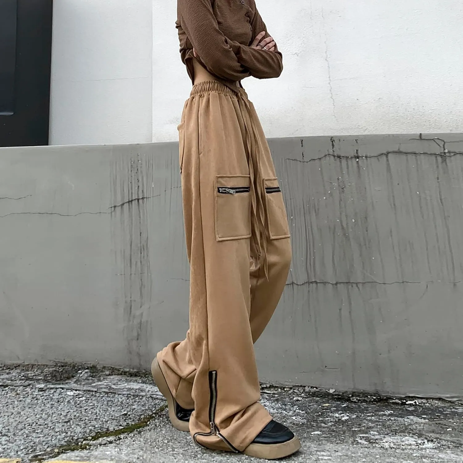 Suede Harajuku Pants for Women High Waist Sweatpants Streetwear Joggers Hip Hop Dance Flare Pant with Pockets