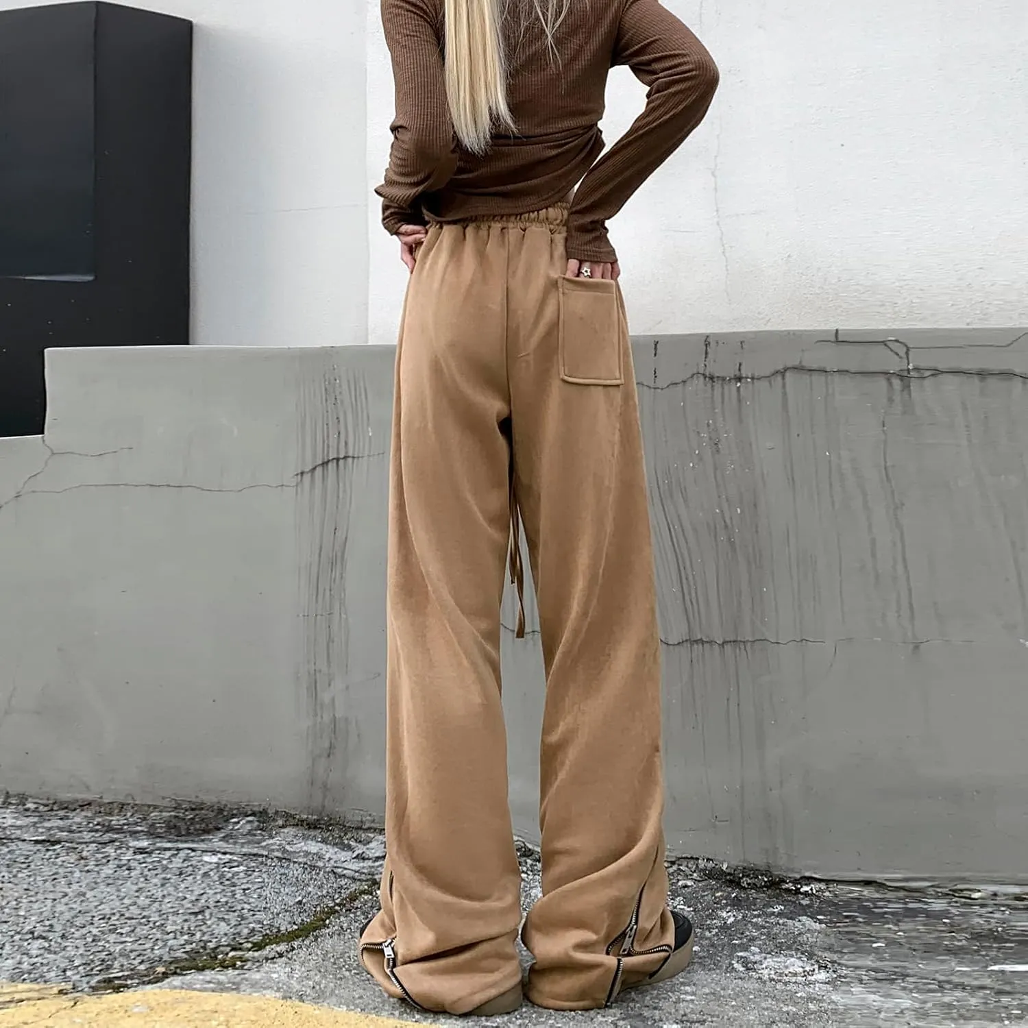 Suede Harajuku Pants for Women High Waist Sweatpants Streetwear Joggers Hip Hop Dance Flare Pant with Pockets