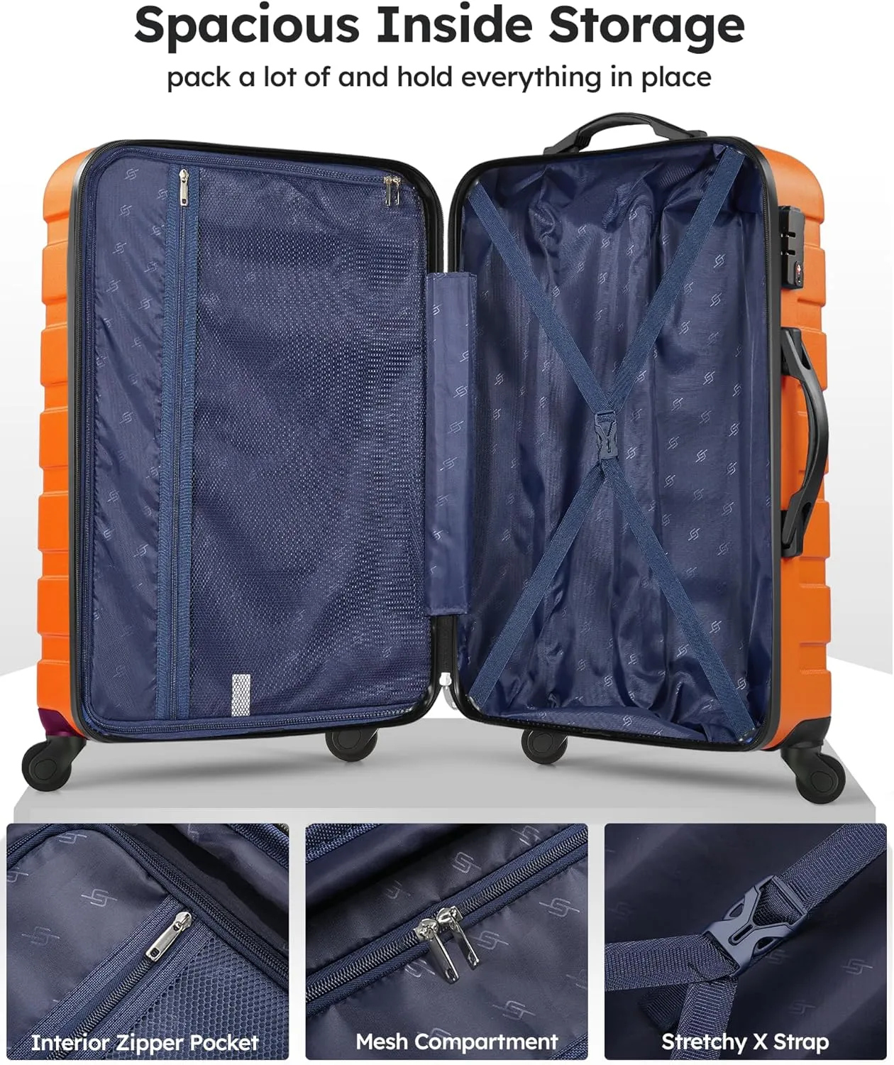 Suitour Luggage 3 Piece Sets Hard Shell Luggage Set with Spinner Wheels, TSA Lock, 20 24 28 inch Travel Suitcase Sets, Orange