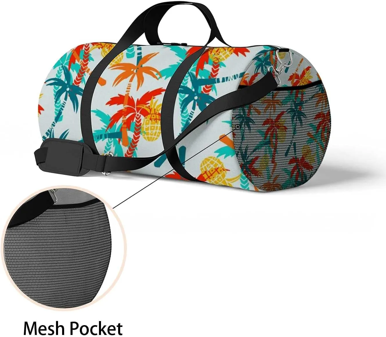 Summer Tropical Coconut Palm Trees Pineapples Sports Duffel Bag Travel Gym Tote Bags Lightweight Durable Shoulder Strap Waterproof Polyester Outside Mesh Pocket Overnight Trip Duffel Bag for Women Men