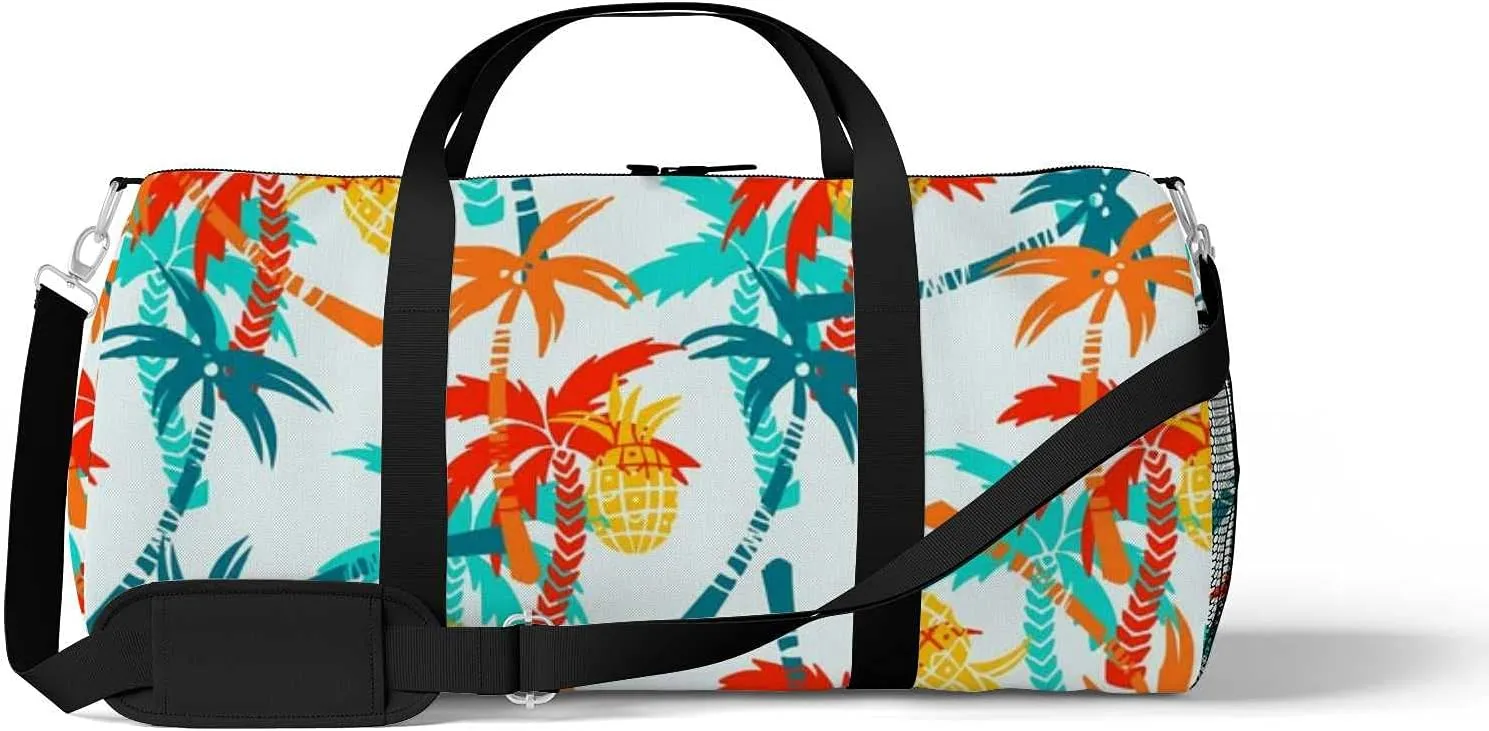 Summer Tropical Coconut Palm Trees Pineapples Sports Duffel Bag Travel Gym Tote Bags Lightweight Durable Shoulder Strap Waterproof Polyester Outside Mesh Pocket Overnight Trip Duffel Bag for Women Men