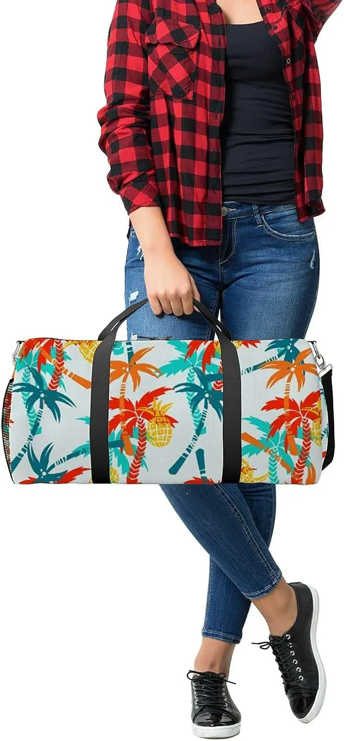 Summer Tropical Coconut Palm Trees Pineapples Sports Duffel Bag Travel Gym Tote Bags Lightweight Durable Shoulder Strap Waterproof Polyester Outside Mesh Pocket Overnight Trip Duffel Bag for Women Men