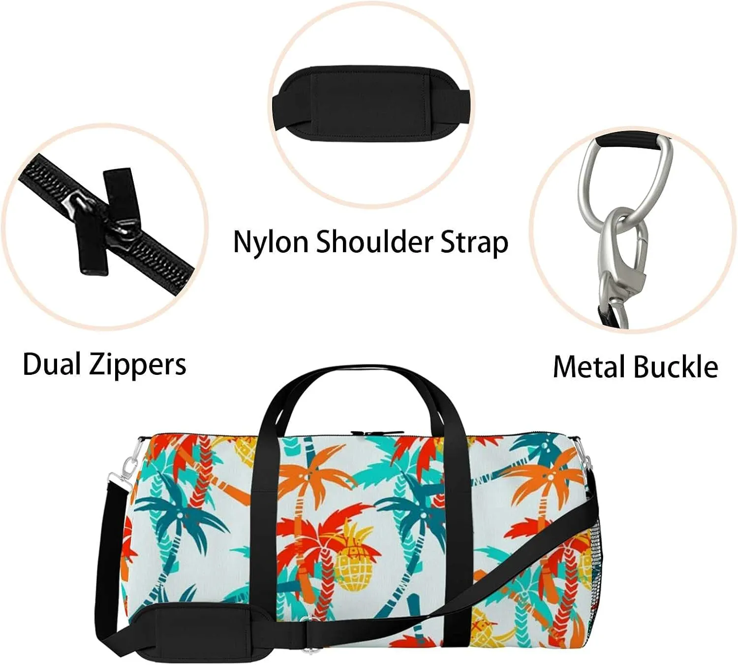 Summer Tropical Coconut Palm Trees Pineapples Sports Duffel Bag Travel Gym Tote Bags Lightweight Durable Shoulder Strap Waterproof Polyester Outside Mesh Pocket Overnight Trip Duffel Bag for Women Men