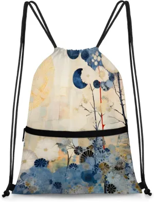 Sunlit Blooms Polyester Drawstring Bag with Zipper Pocket, 18x14 Inch Water-Resistant Gym Sack String Backpack for Sports, Travel, Camping