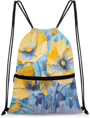 Sunlit Poppies Polyester Drawstring Bag with Zipper Pocket, 18x14 Inch Water-Resistant Gym Sack String Backpack for Sports, Travel, Camping
