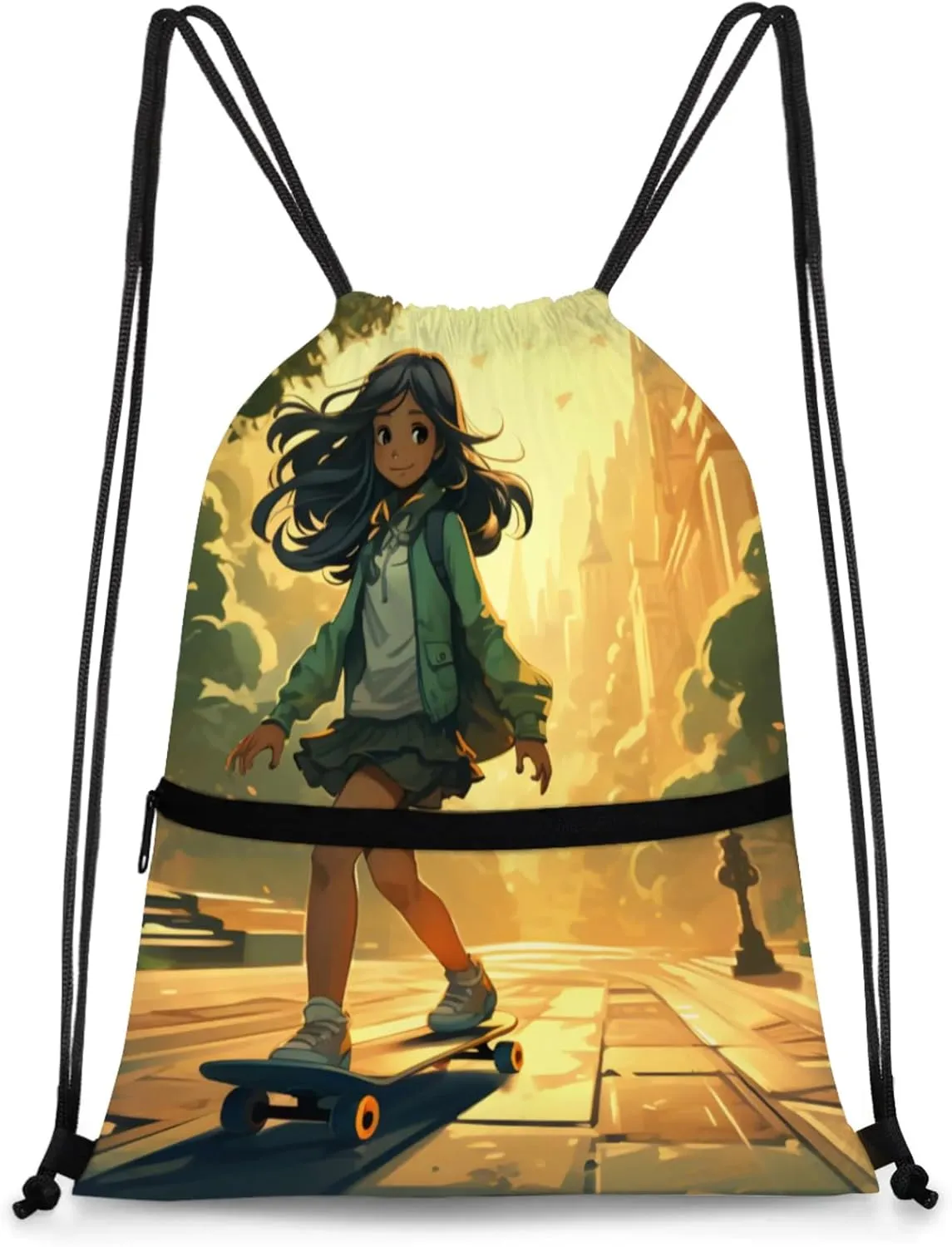 Sunlit Skate Scene Polyester Drawstring Bag with Zipper Pocket, 18x14 Inch Water-Resistant Gym Sack String Backpack for Sports, Travel, Camping