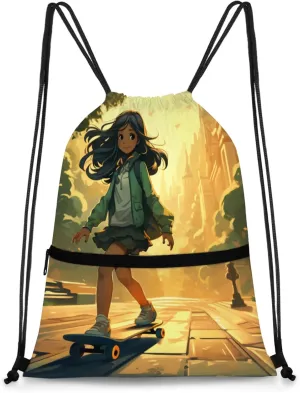 Sunlit Skate Scene Polyester Drawstring Bag with Zipper Pocket, 18x14 Inch Water-Resistant Gym Sack String Backpack for Sports, Travel, Camping