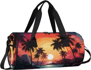 Sunset Coconut Tree Travel Gym Bag Waterproof Sport Dance Bag for Women Men Portable Gymnastics Duffel Bags Canvas Tote Carry on Handbag for Workout Overnight Weekender