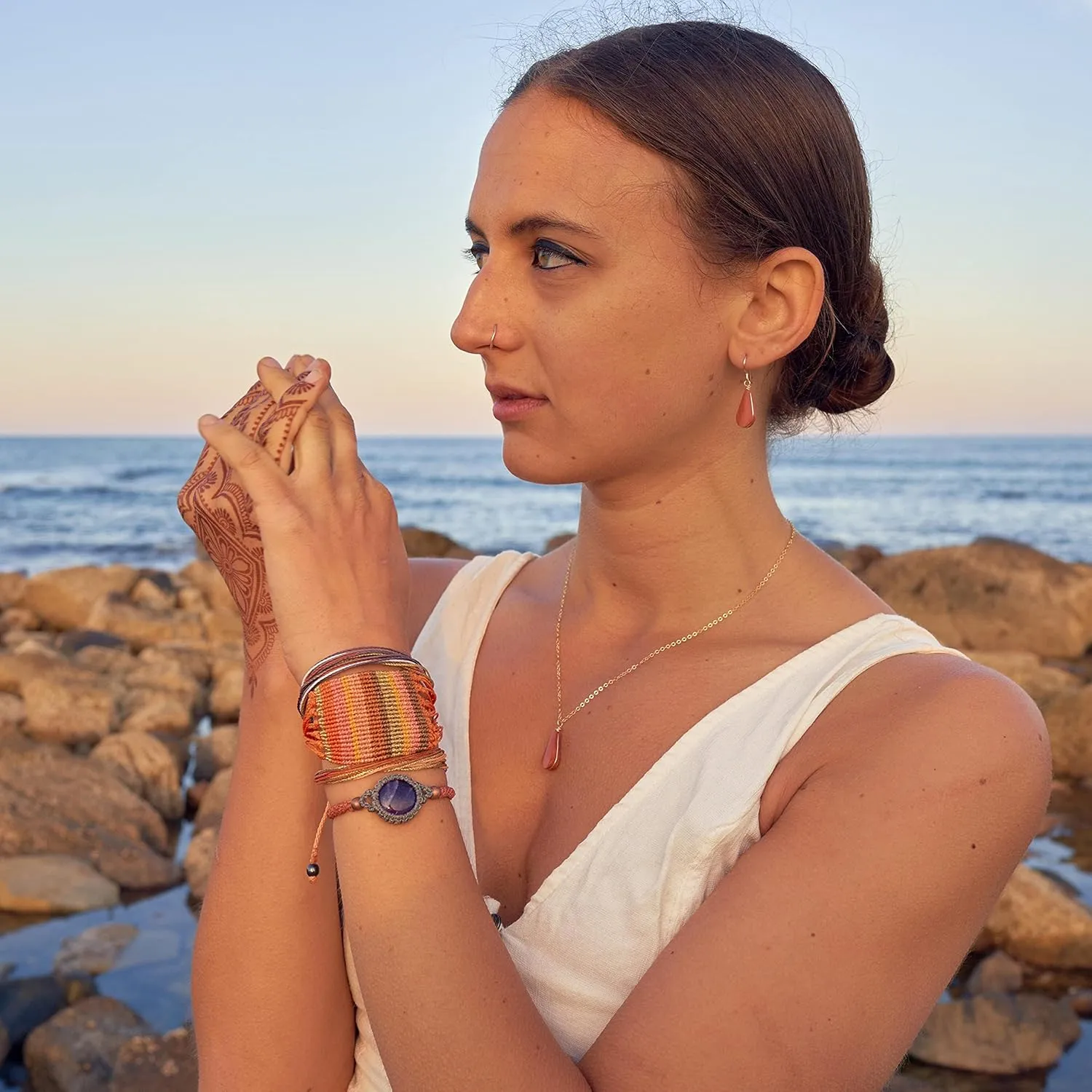 Surfer Beach String Bracelet Muted Purple Orange Metallic Gold Waxed Cord Waterproof Adjustable Drawstring Surf Bracelet Handmade by Rumi Sumaq