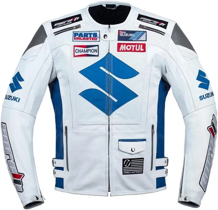 Suzuki White Motorcycle Racing Leather Jacket