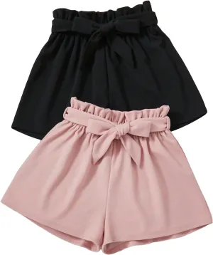 SweatyRocks Girl's 2 Piece Wide Leg Belted Shorts Solid Paperbag Waist Shorts Pants