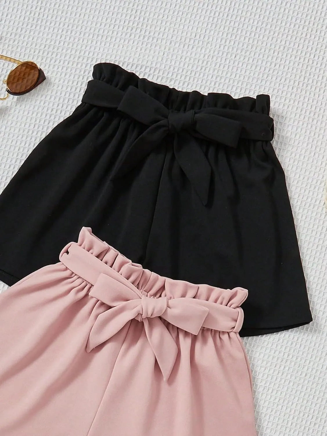 SweatyRocks Girl's 2 Piece Wide Leg Belted Shorts Solid Paperbag Waist Shorts Pants