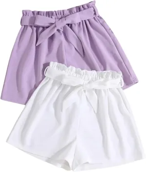 SweatyRocks Girl's 2 Piece Wide Leg Belted Shorts Solid Paperbag Waist Shorts Pants