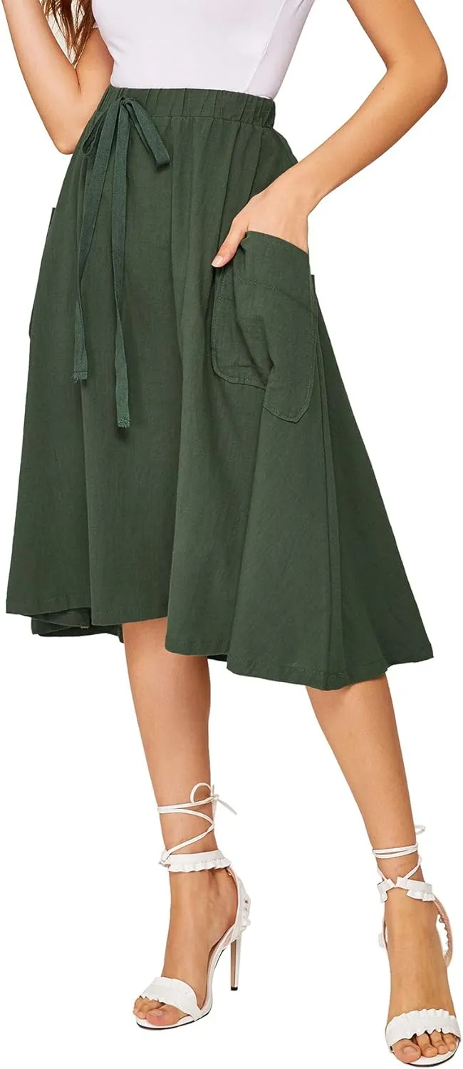 SweatyRocks Women's Casual High Waist Pleated A-Line Midi Skirt with Pocket