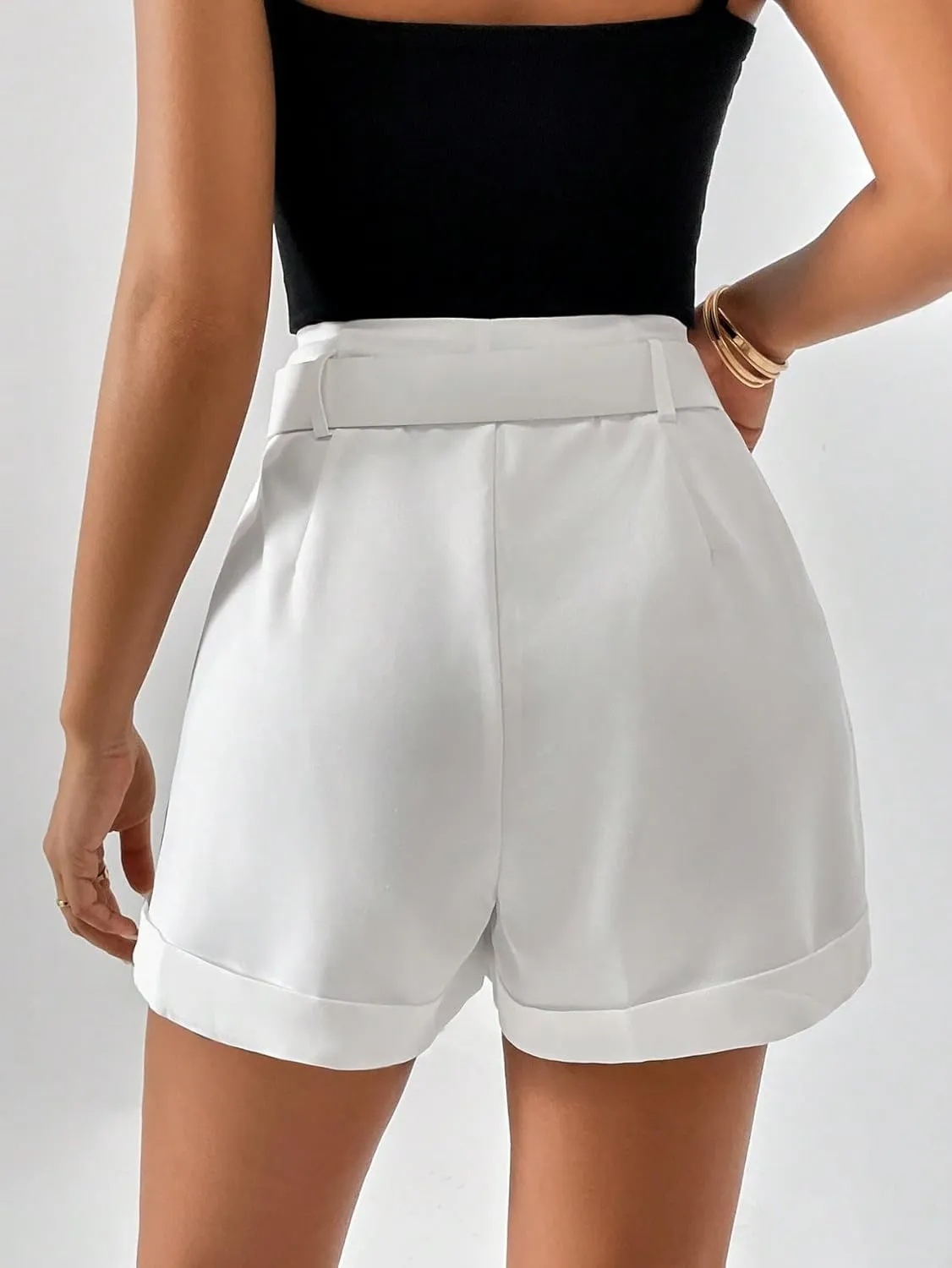 SweatyRocks Women's Casual High Waist Wide Leg Shorts Plicated Roll Hem Belted Shorts