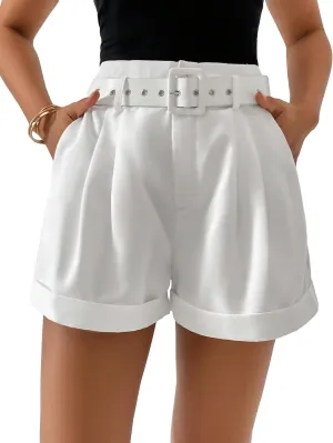 SweatyRocks Women's Casual High Waist Wide Leg Shorts Plicated Roll Hem Belted Shorts