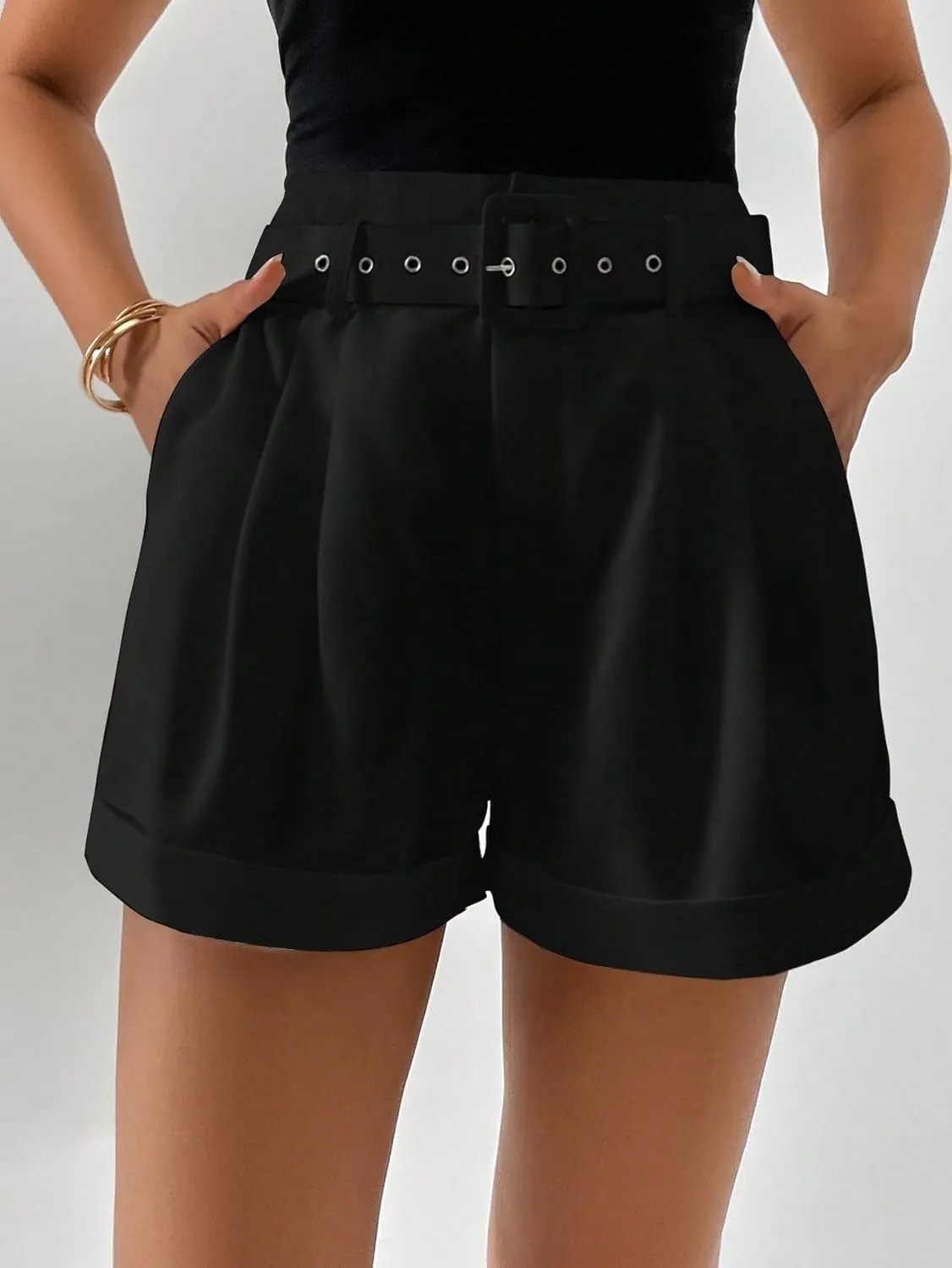 SweatyRocks Women's Casual High Waist Wide Leg Shorts Plicated Roll Hem Belted Shorts