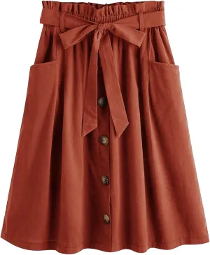 SweatyRocks Women's Casual Paperbag Waist Pleated A-Line Midi Skirt with Pocket