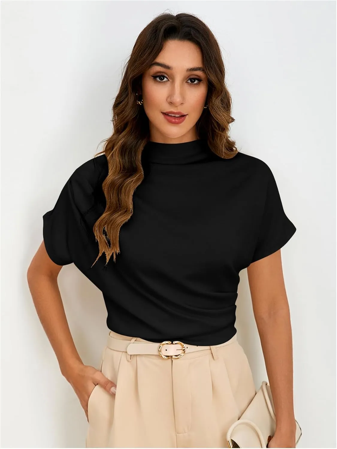 SweatyRocks Women's Casual Short Sleeve Mock Neck Tee Top Asymmetric Ruched Plain T Shirt