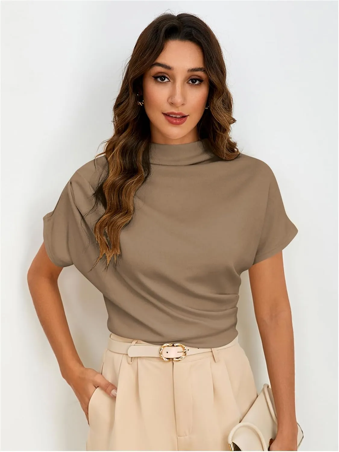 SweatyRocks Women's Casual Short Sleeve Mock Neck Tee Top Asymmetric Ruched Plain T Shirt