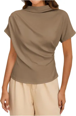 SweatyRocks Women's Casual Short Sleeve Mock Neck Tee Top Asymmetric Ruched Plain T Shirt