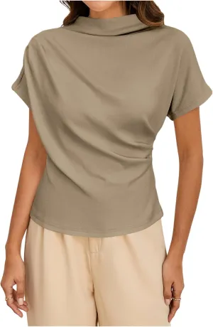 SweatyRocks Women's Casual Short Sleeve Mock Neck Tee Top Asymmetric Ruched Plain T Shirt