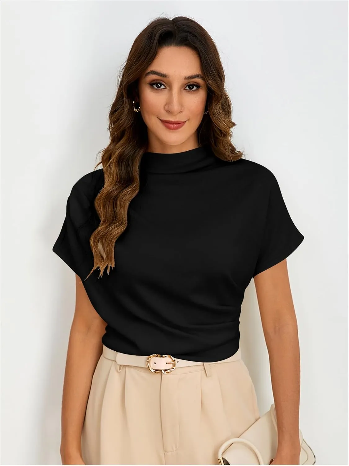 SweatyRocks Women's Casual Short Sleeve Mock Neck Tee Top Asymmetric Ruched Plain T Shirt