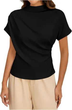 SweatyRocks Women's Casual Short Sleeve Mock Neck Tee Top Asymmetric Ruched Plain T Shirt