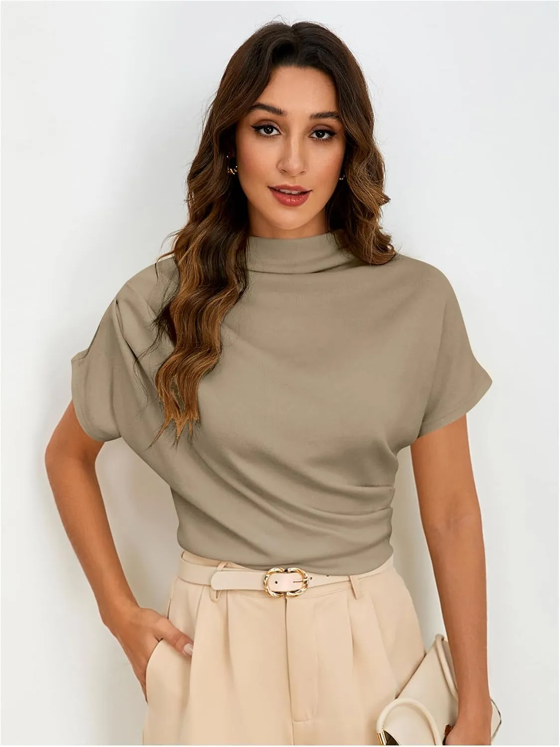 SweatyRocks Women's Casual Short Sleeve Mock Neck Tee Top Asymmetric Ruched Plain T Shirt