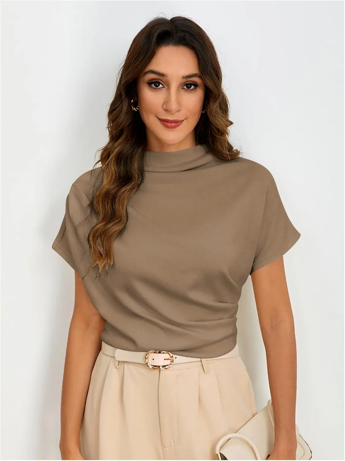 SweatyRocks Women's Casual Short Sleeve Mock Neck Tee Top Asymmetric Ruched Plain T Shirt