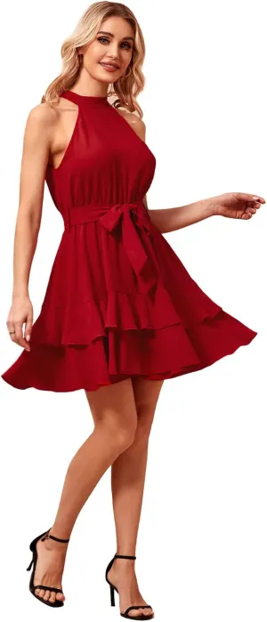 SweatyRocks Women's Elegant High Neck Flounce Sleeve High Waist Ruffle Belted Party Mini Dress Summer Red M