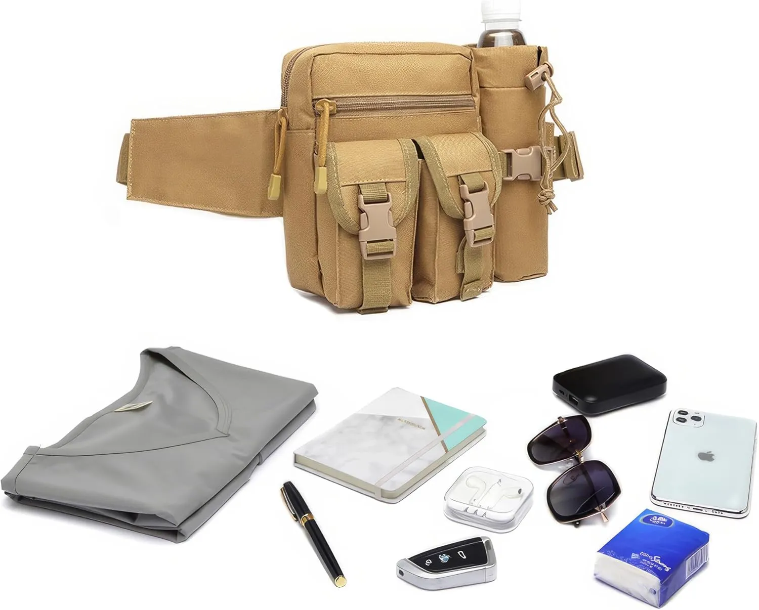 Tactical Waist Pack with Water Bottle Holder Versatile and Waterproof Military Fanny Pack Utility Belt for Outdoor Hiking Camping Fishing (Black)