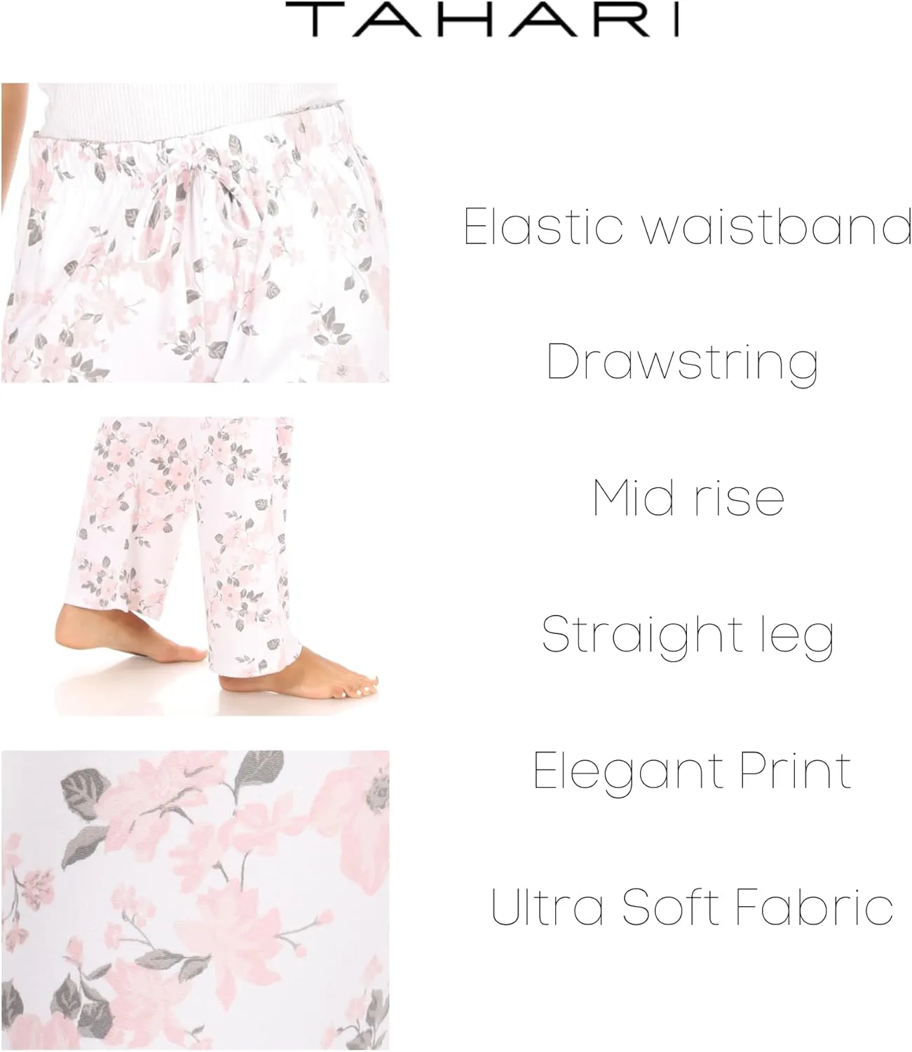 Tahari Women's Drawstring Elastic Waistband Straight Leg Pajama Pants