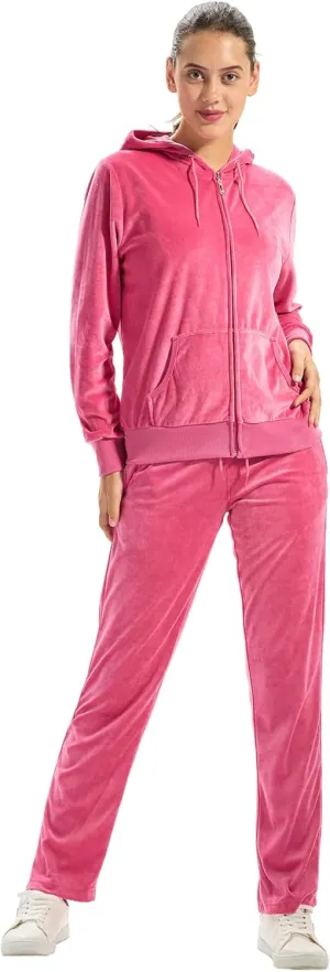TanBridge Women's 2 Piece Solid Velvet Tracksuit Set Full Zip-up Hooded Sweatshirts & Pants Set
