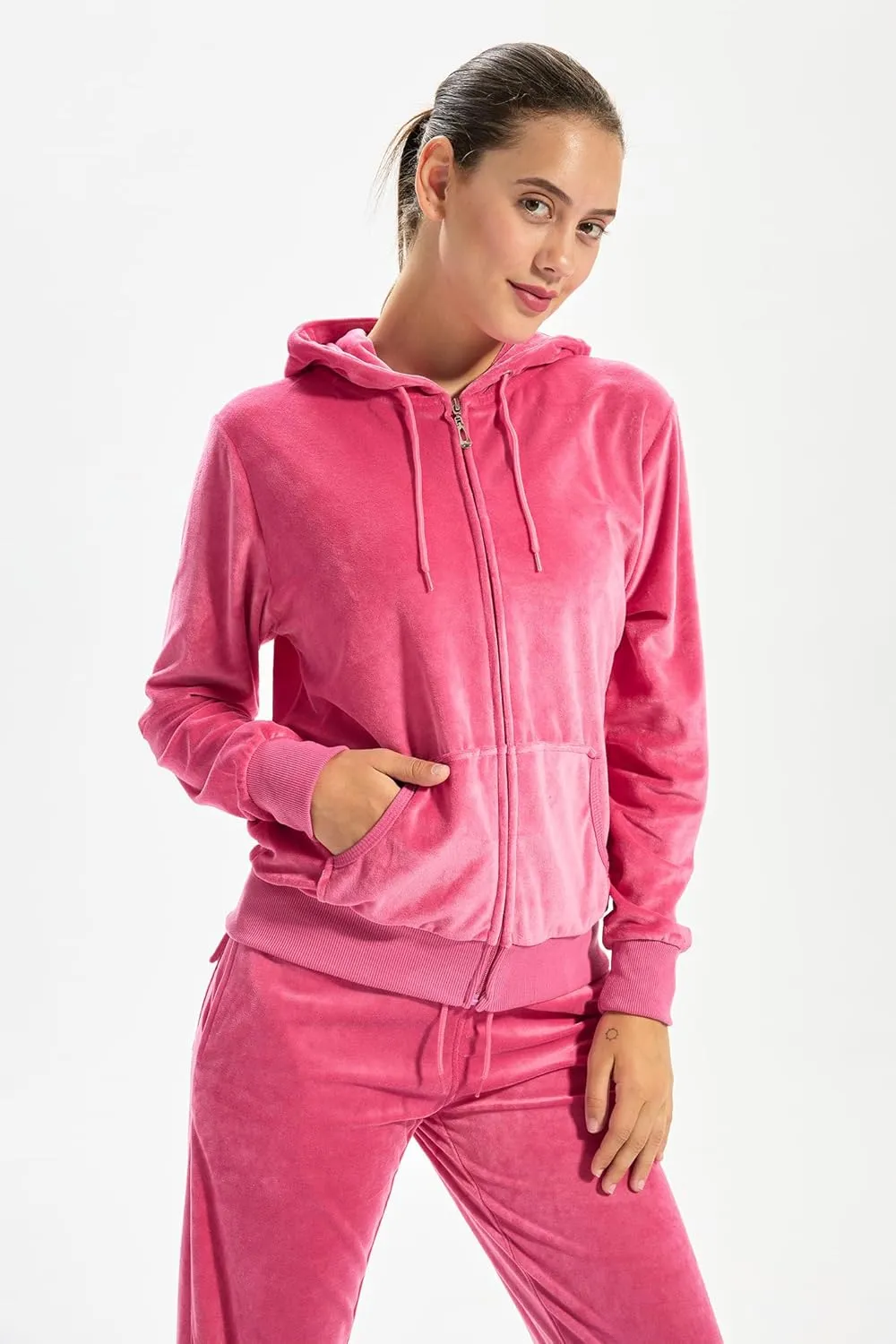 TanBridge Women's 2 Piece Solid Velvet Tracksuit Set Full Zip-up Hooded Sweatshirts & Pants Set