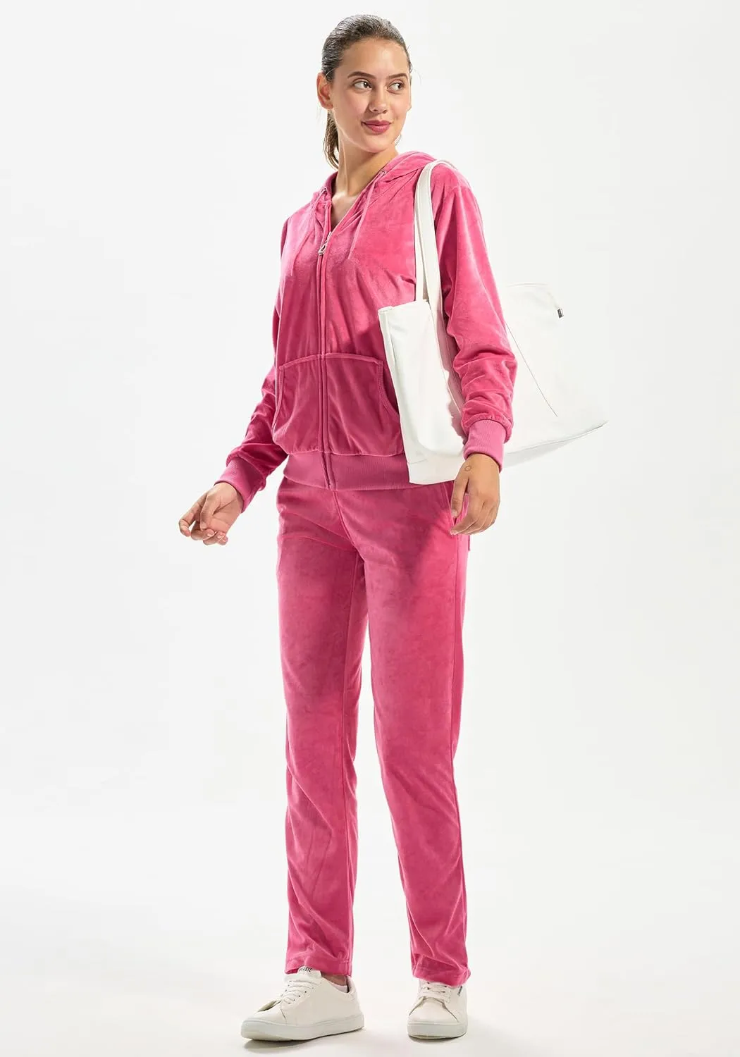 TanBridge Women's 2 Piece Solid Velvet Tracksuit Set Full Zip-up Hooded Sweatshirts & Pants Set