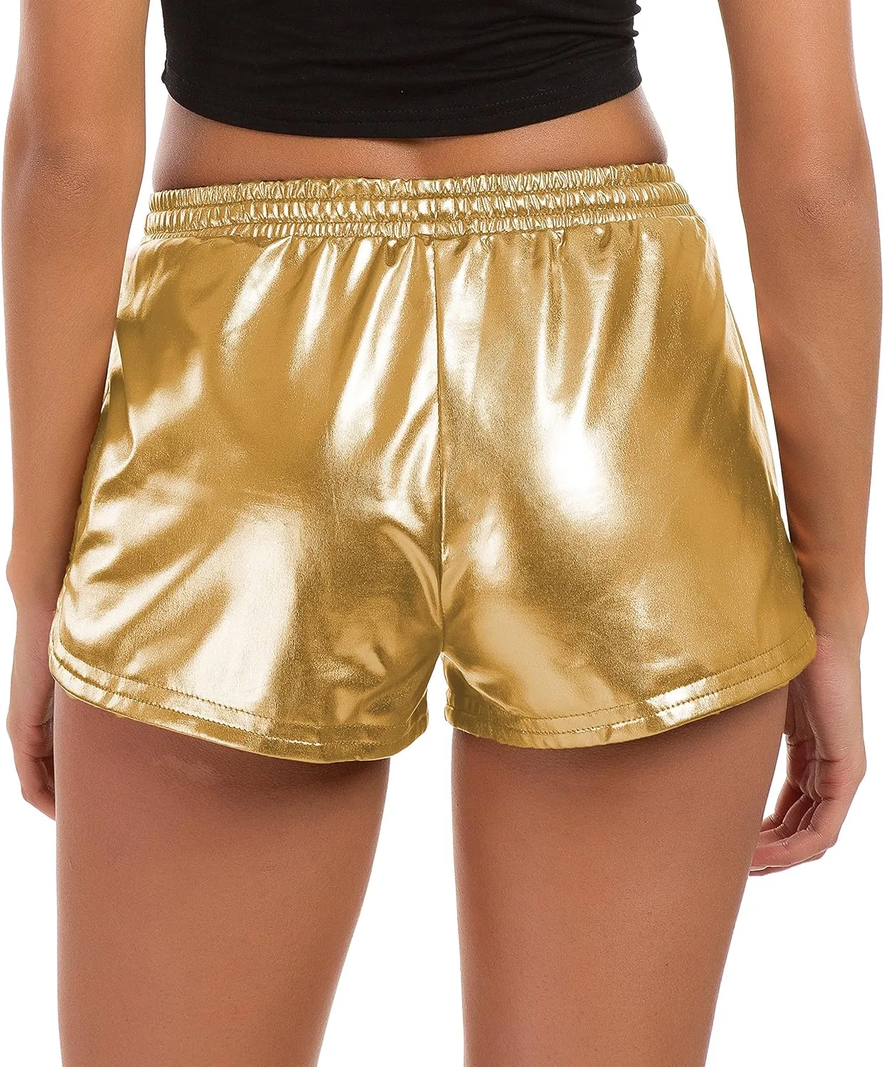 Tandisk Women's Yoga Hot Shorts Shiny Metallic Pants with Elastic Drawstring