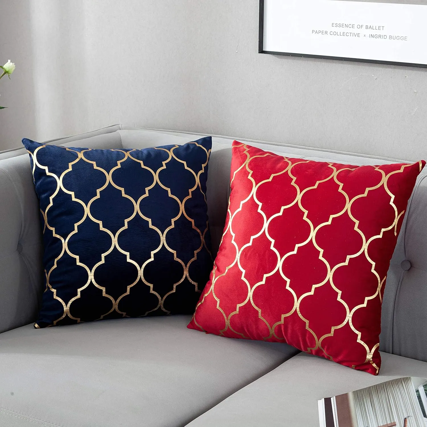 TAOSON Pack of 2,Moroccan Quatrefoil Geometric Bronzing Printed Cozy Soft Throw Pillow Cases Cushion Covers Shells for Sofa Couch Bed Home Decoration 18 x 18 Inches, Red and Gold
