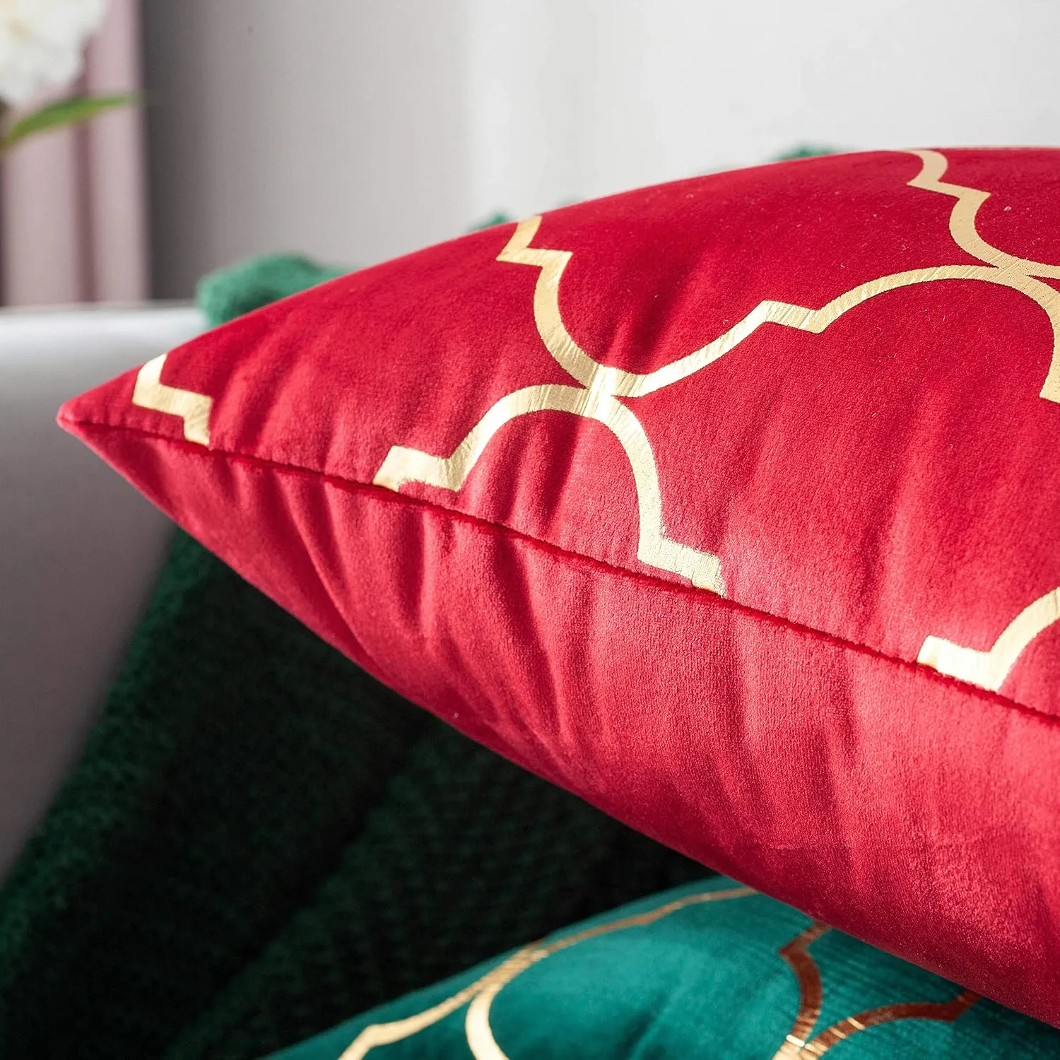 TAOSON Pack of 2,Moroccan Quatrefoil Geometric Bronzing Printed Cozy Soft Throw Pillow Cases Cushion Covers Shells for Sofa Couch Bed Home Decoration 18 x 18 Inches, Red and Gold