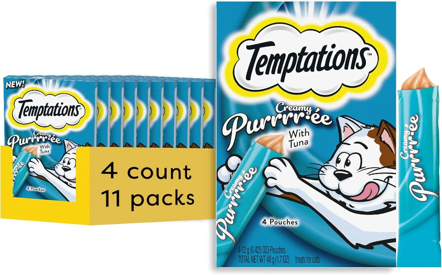 Temptations Creamy Puree with Tuna Lickable, Squeezable Cat Treats, 0.42 Oz Pouches, 4 Count (Pack of 11) - Total 44 Count