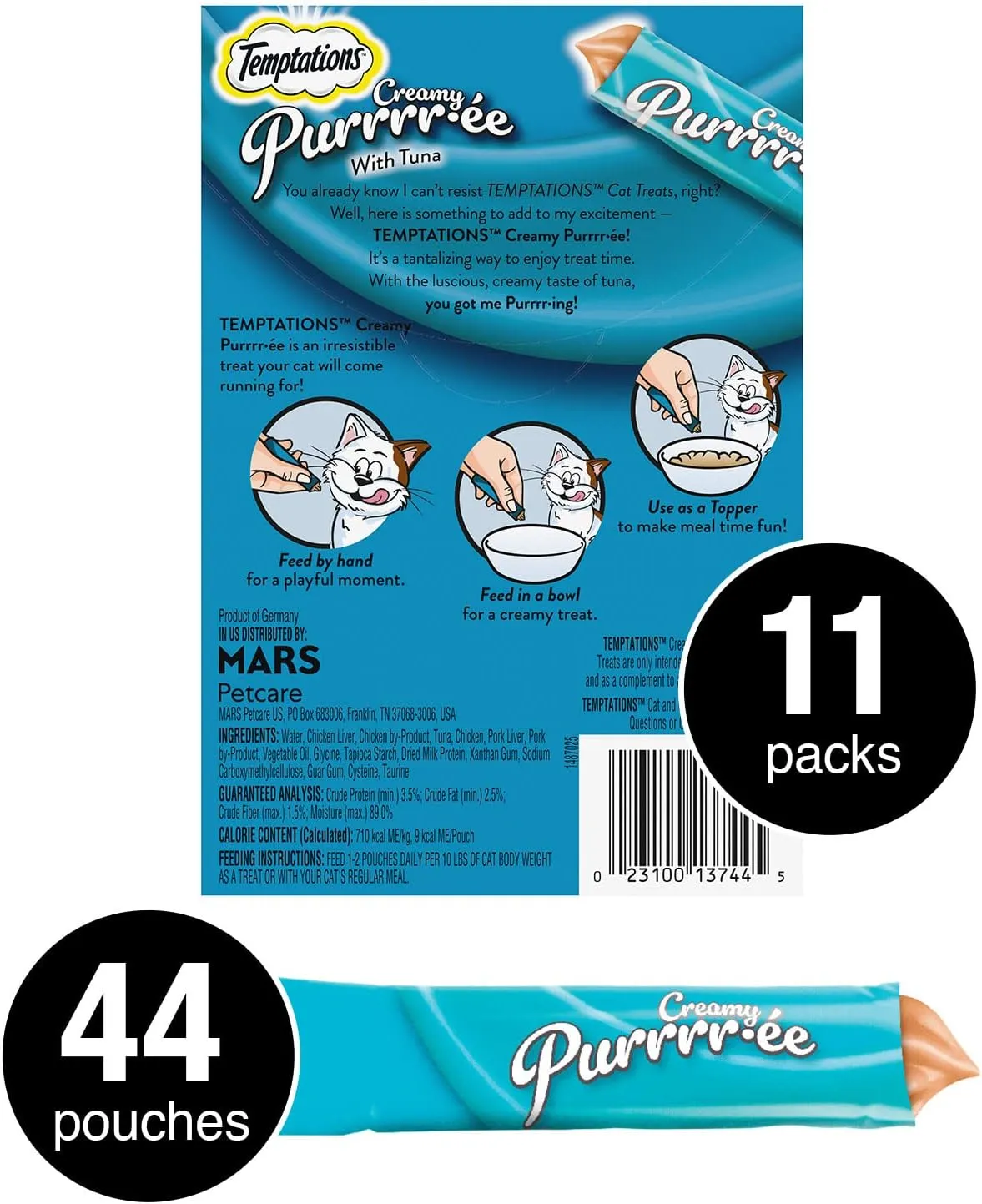 Temptations Creamy Puree with Tuna Lickable, Squeezable Cat Treats, 0.42 Oz Pouches, 4 Count (Pack of 11) - Total 44 Count