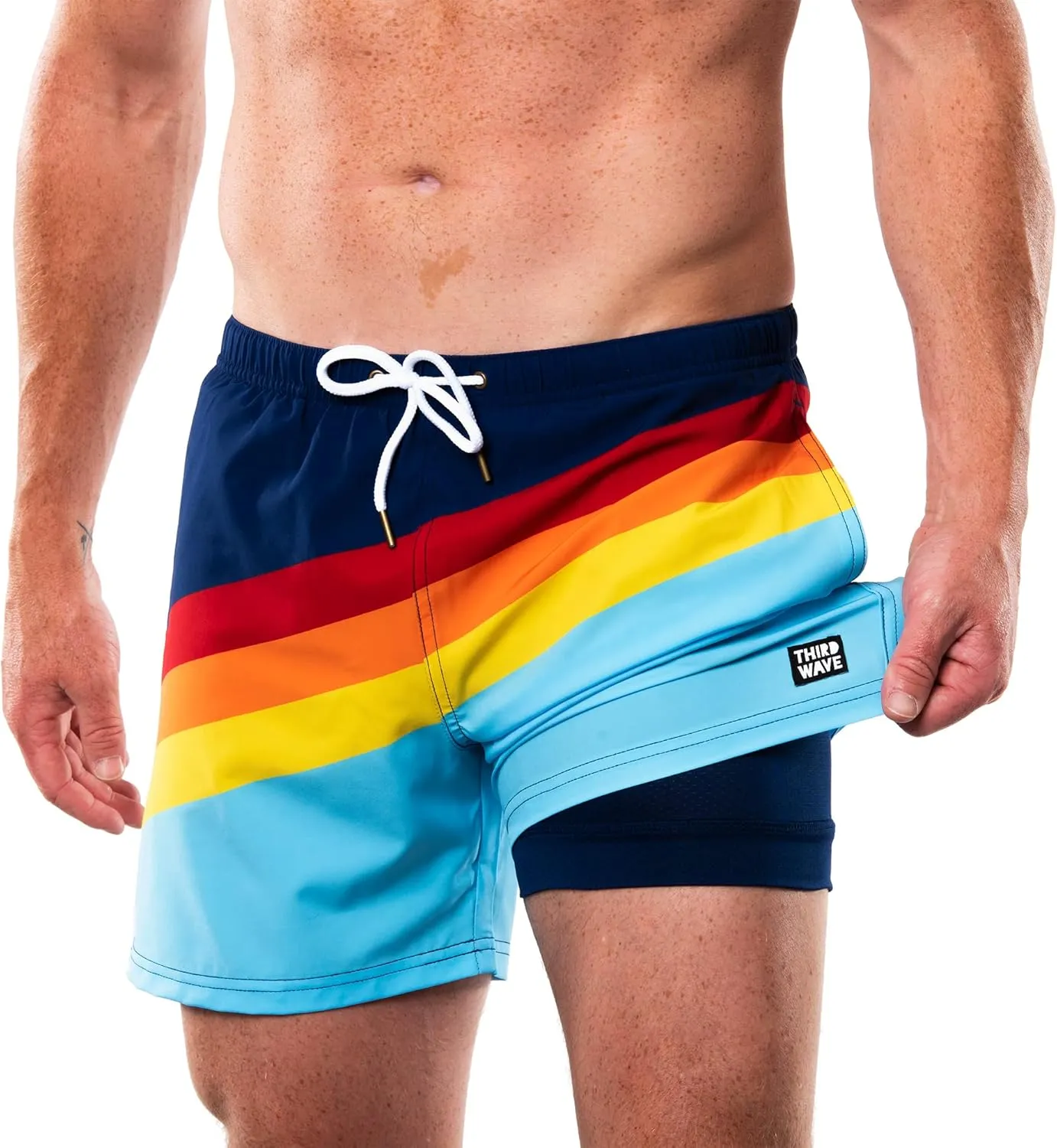 Third Wave Swim Trunks with Compression Liner - Men's Premium 5 Inch Inseam Quick Dry Swim Shorts for Beach and Swimming