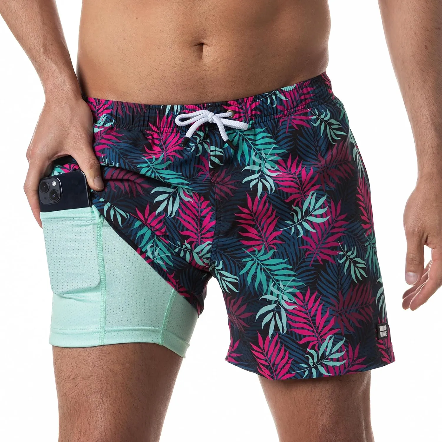 Third Wave Swim Trunks with Compression Liner - Men's Premium 5 Inch Inseam Quick Dry Swim Shorts for Beach and Swimming