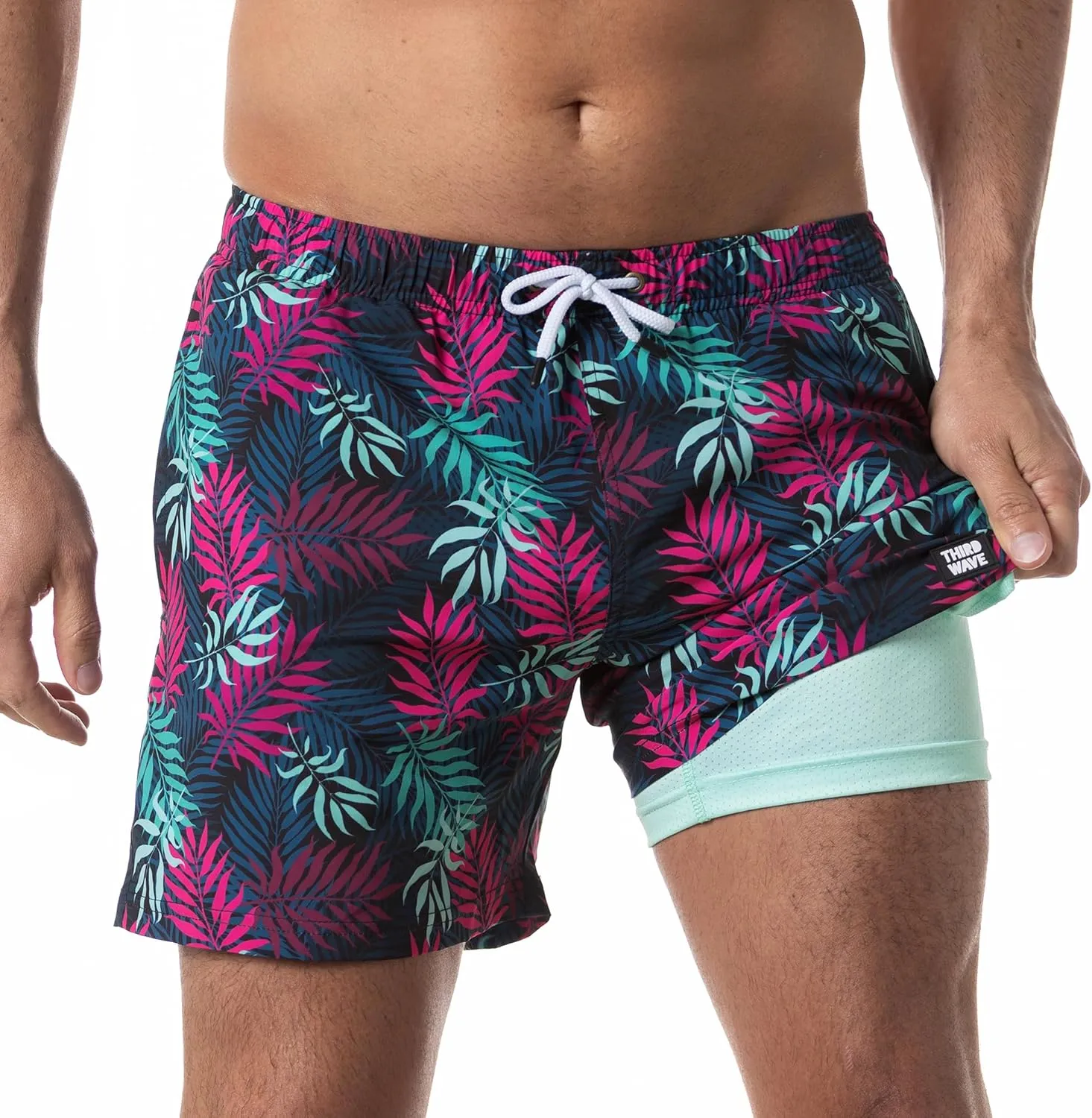 Third Wave Swim Trunks with Compression Liner - Men's Premium 5 Inch Inseam Quick Dry Swim Shorts for Beach and Swimming