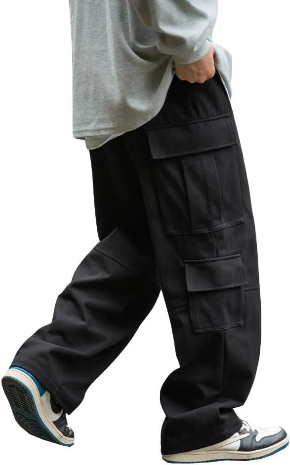 THWEI Mens Cargo Pants Drawstring Elastic Waist Casual Baggy Pant Streetwear Multi Pockets