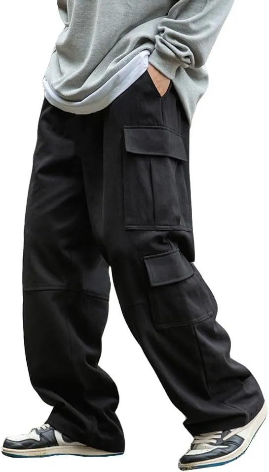 THWEI Mens Cargo Pants Drawstring Elastic Waist Casual Baggy Pant Streetwear Multi Pockets