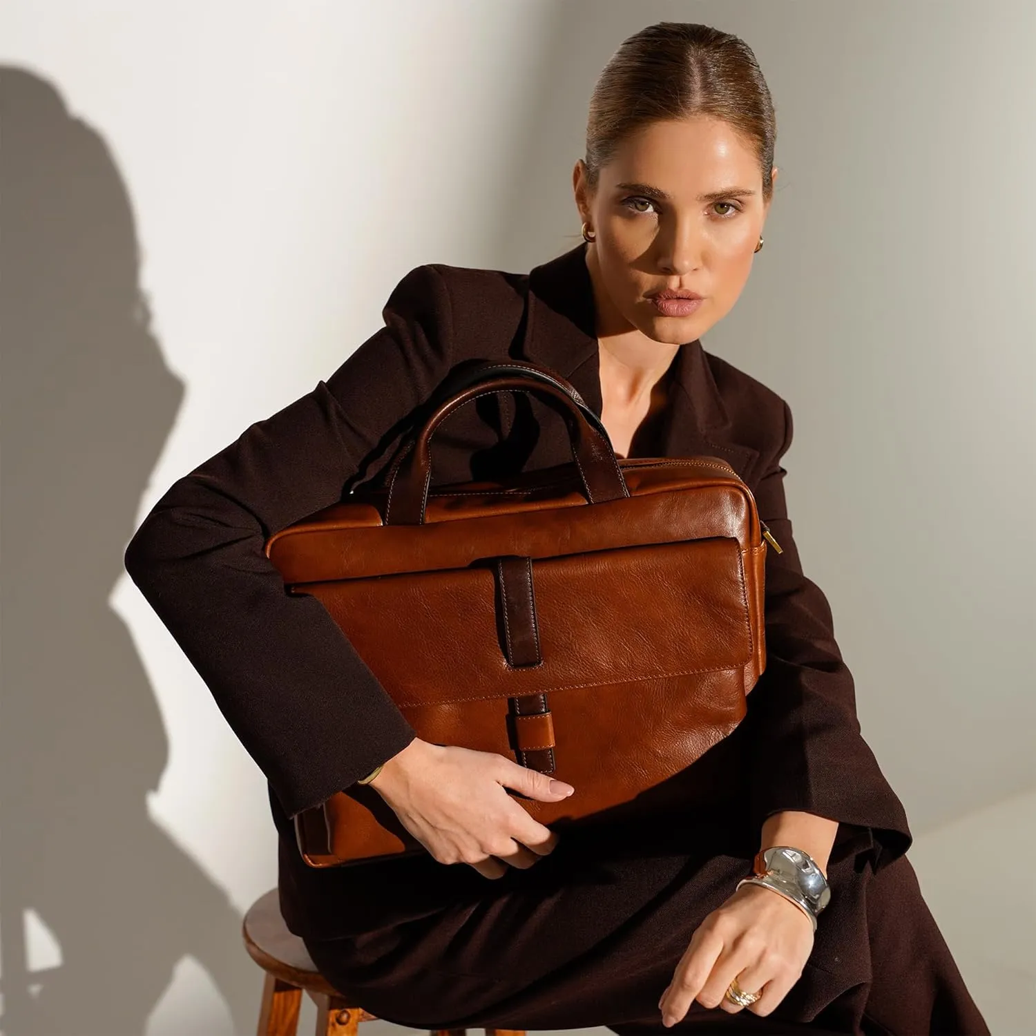 Time Resistance Leather Briefcase - Italian Handmade Leather Laptop Bag - Handbag for Men and Women
